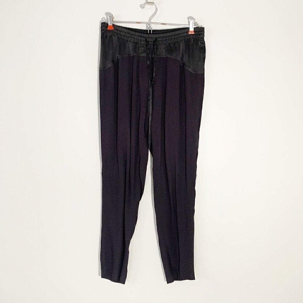 Rebecca Taylor Black Silk Trim Jogger Pants Mixed Media Tapered Trousers Size 2